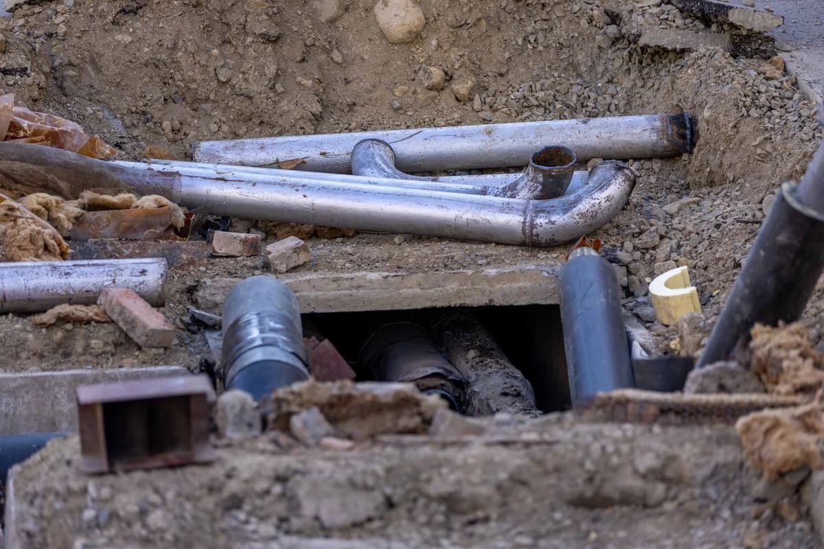 Exposed underground pipework in an excavation for replacement works