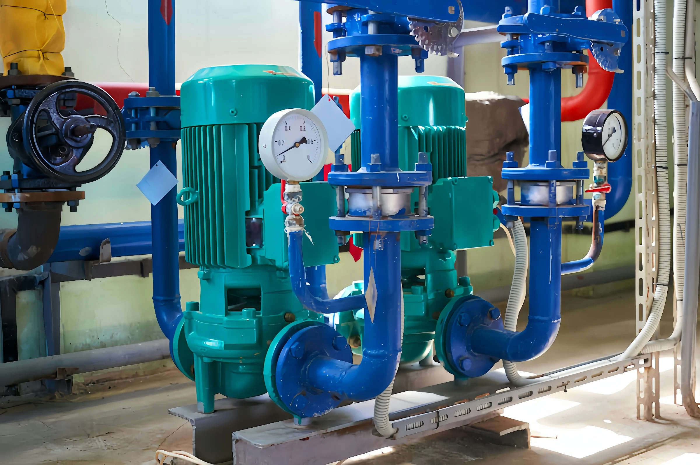 Water pumps, pressure gauges, valves and pipework in a Dubai mechanical plant room