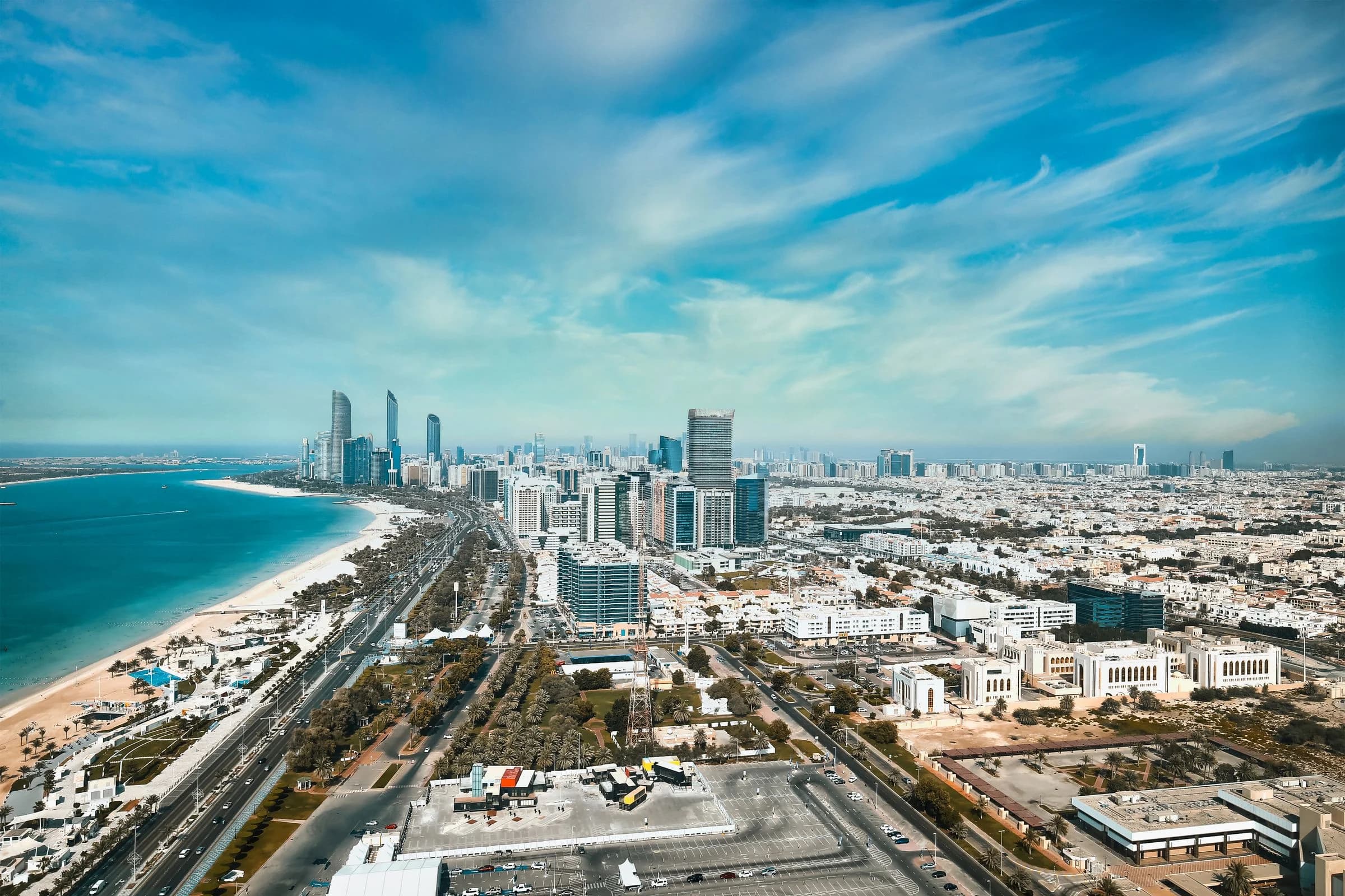 Aerial view of Abu Dhabi residential districts and waterfront properties